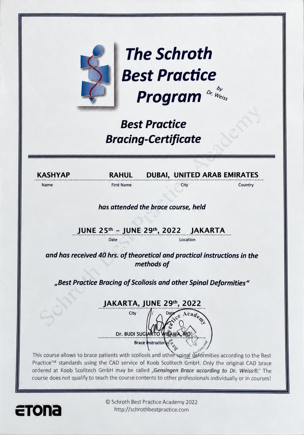 Best Practice Bracing Certificate — Rahul Kashyap